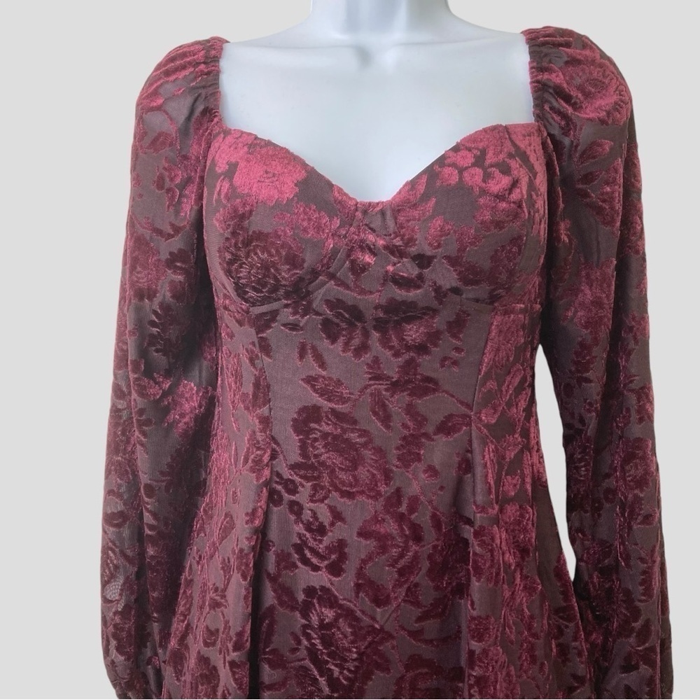 90s Burnout Velvet Corset Dress S Burgundy Lace-Up Y2K Whimsigoth Fairygrunge - Picture 4 of 13